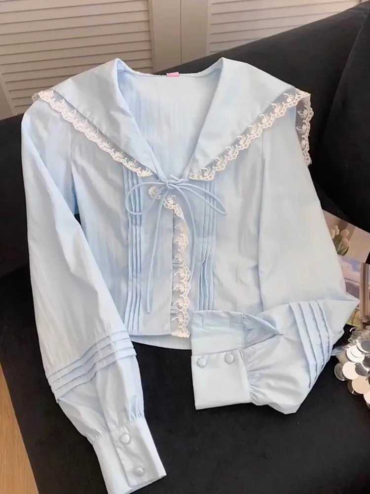 

Sweet Cute Sailor Collar Shirt Women Slim Spring Long Sleeve Lace Patchwork Blouse Japan Preppy Style Female Kawaii Blue Tops