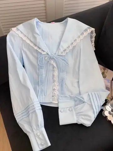 Sweet Cute Sailor Collar Shirt Women Slim Spring Long Sleeve Lace Patchwork Blouse Japan Preppy Style Female Kawaii Blue Tops