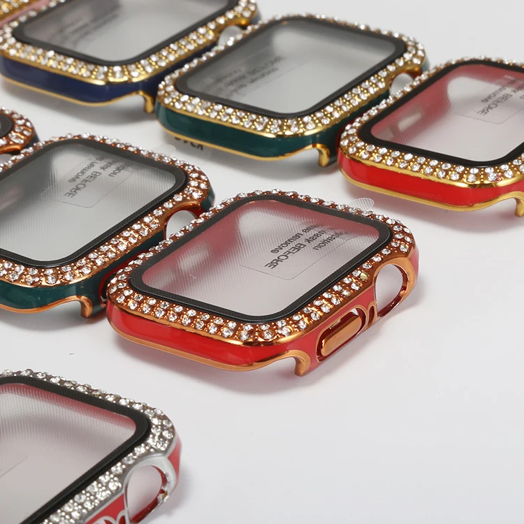 Capa de relógio + película temperada para apple watch 44mm 42mm 40mm 38mm caixa de diamante de fileira dupla para iwatch 6 5 4 3 2 1 se capa protetora
