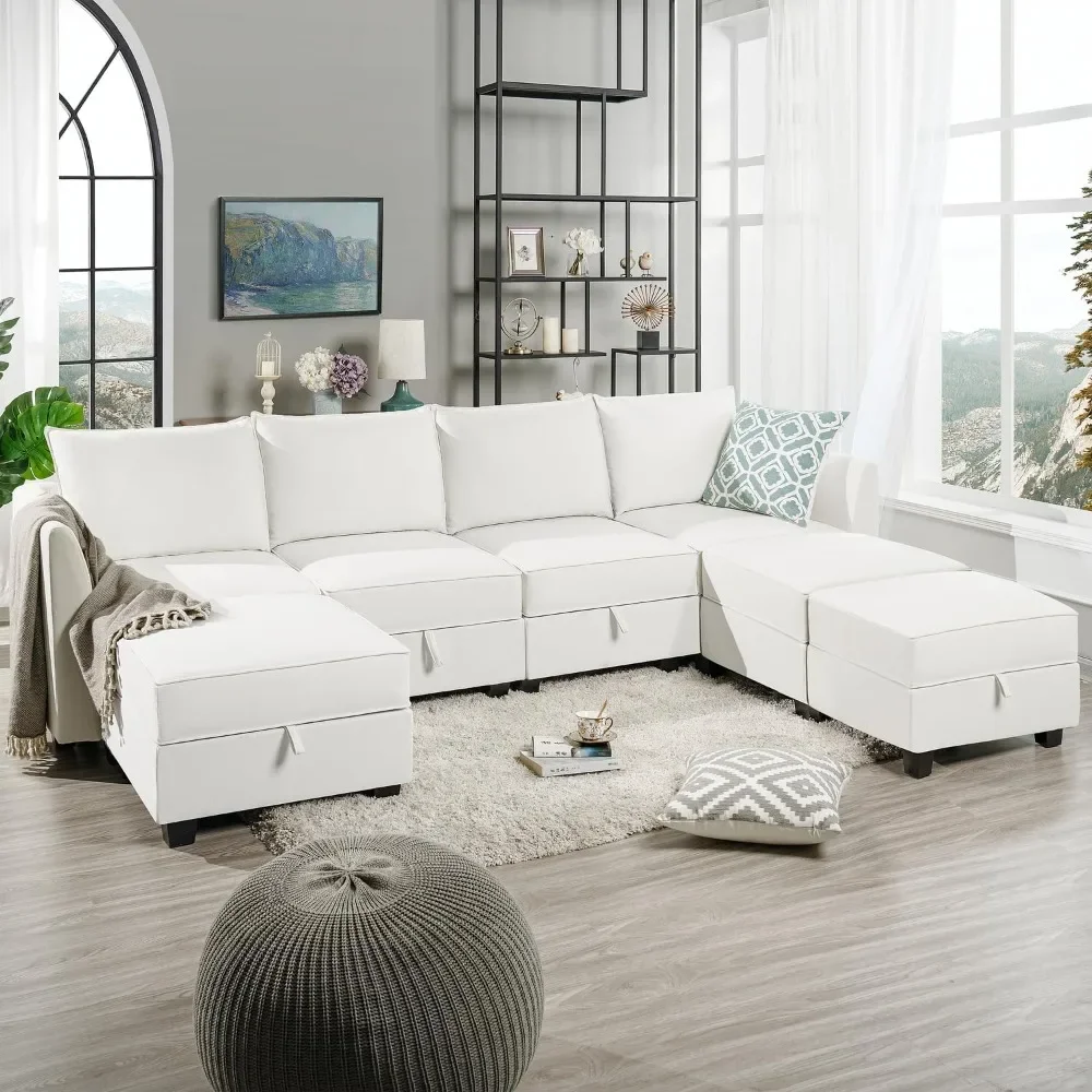 

Elizabeth Modular Sectional Sofa Linen U Shaped Couch with Ottomans Convertible Sectional Couch 7-Seater Sofa with Storage Seat