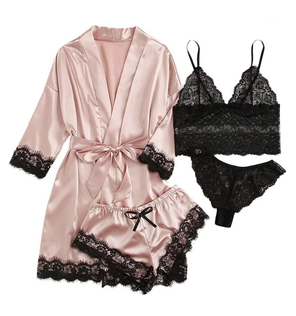 Ensemble pyjama sexy en satin et dentelle pour femme, sous-vêtements, robe, faux vêtements de nuit, vêtements de nuit de luxe, 4 pièces