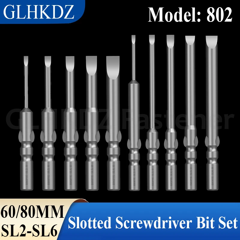 

60/80mm 802 Electric Flat Head Screwdriver Bit Set 6mm Round Shank Slotted Electric Screwdriver Bit Magnetic Driver Bits