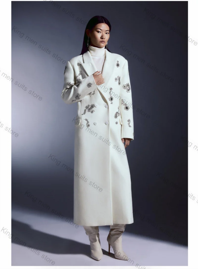 White Cashmere Wool Women Suit 1 Piece Blazer Crystals Prom Dress Customized Formal Office Lady Warm Jacket Wedding Winter Coat