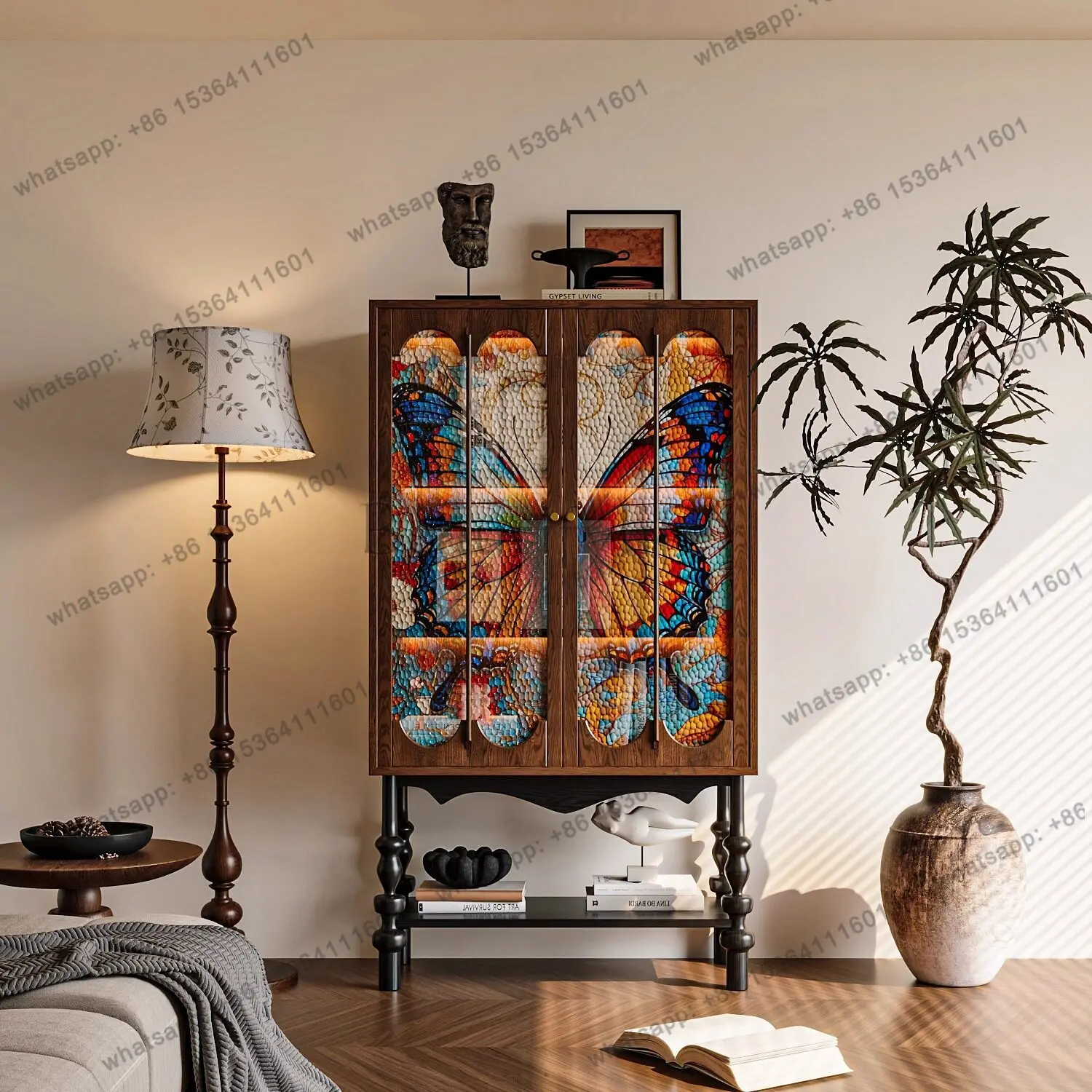 Medieval solid wood high-footed bookcase living room against the wall multi-functional storage cabinet