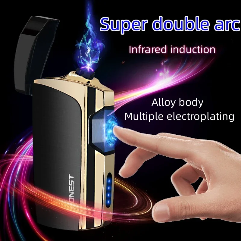 Luxury Metal Windproof Portable Dual Arc Electric Flameless Plasma USB Unusual Touch Sensing Lighter Outdoor Cigar Gift for Men