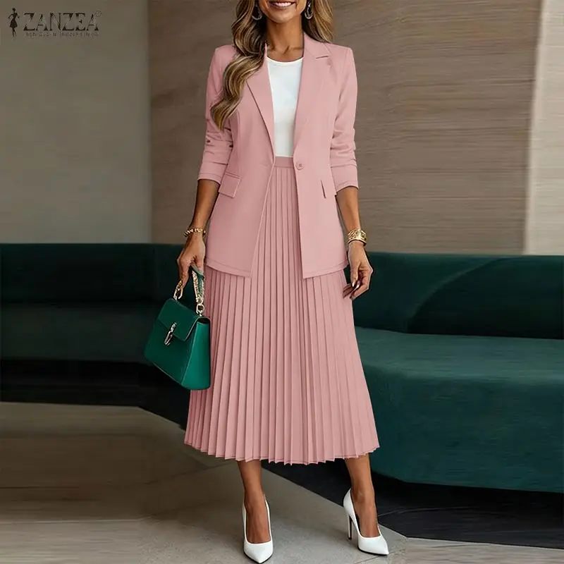 

Женские элегантные офисные костюмы с юбкой: пиджак с длинными рукавами и плиссированная юбка А-силуэта, комплект из 2 предметов, модные комплекты с юбкой ZANZEA