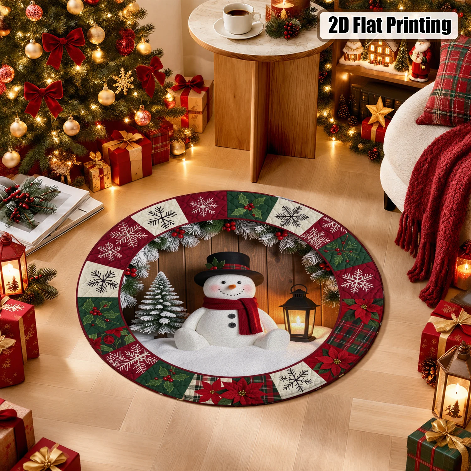 Christmas Snowman Poinsettia Snowflake Pattern Round Velvet Decorative Mat Machine Washable for Dining Table Centerpiece Living Room Accent Entryway Decor Perfect for Halloween Thanksgiving Black Friday Cyber Monday Christmas New Year