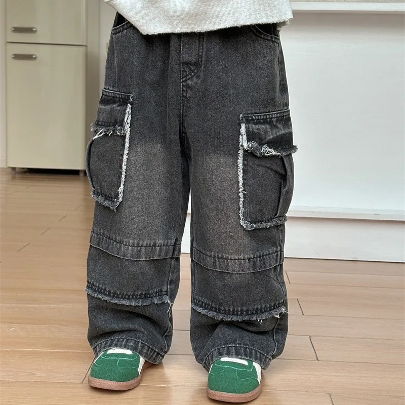 

Baby Girl Pants 2024 Autumn New Korean Children Denim Overalls Boys Raw Edge Pocket Casual Pants Girls Denim Fashion Pant