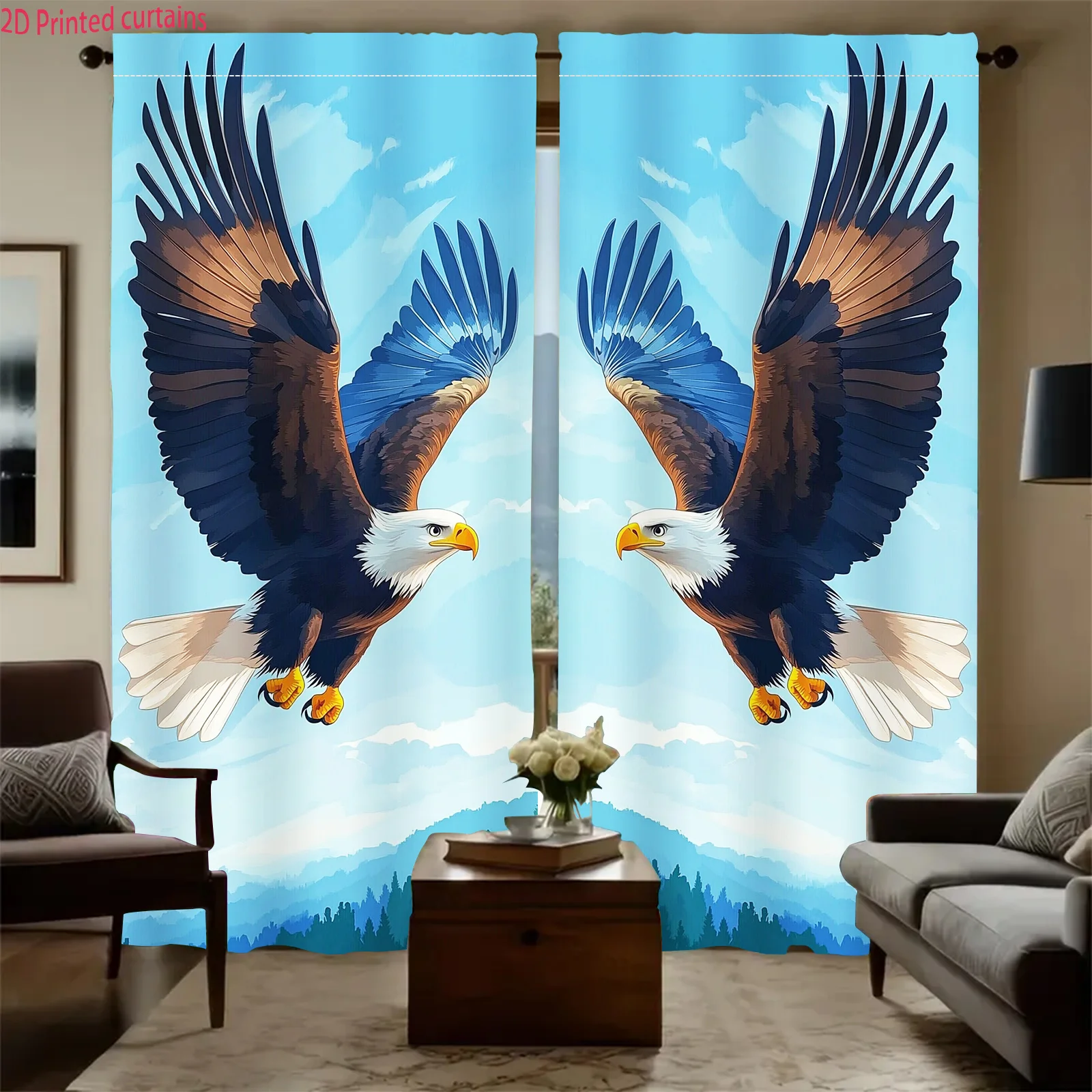 Majestic Bald Eagle Curtain Soaring Bird of Prey Drape, American Wildlife Nature Print Window Treatment for Living Room Bedroom