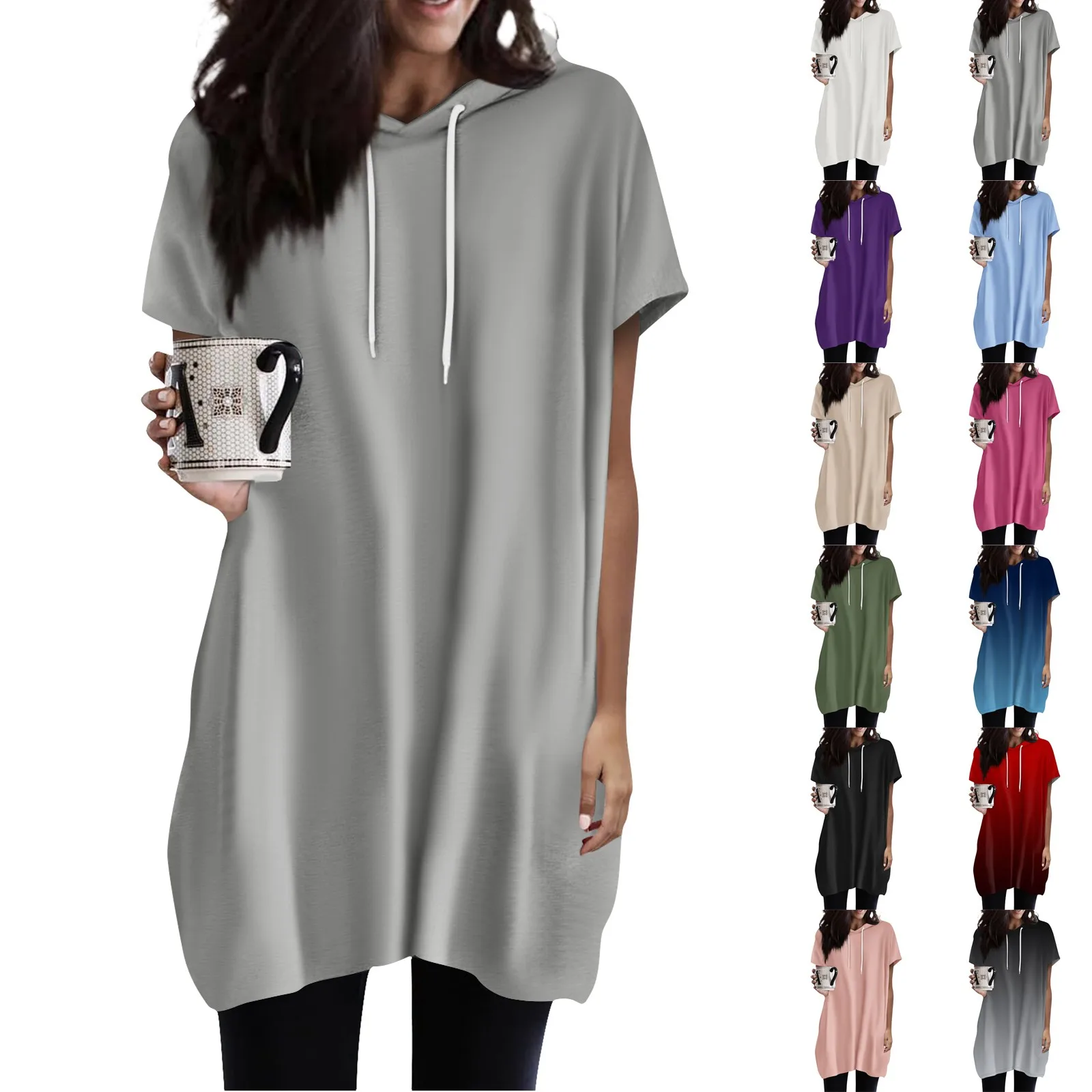 Vintage Oversized Hooded T Shirt 2024 New Summer Short Sleeve Women T Shirts Solid Color Pullover Fashion Harajuku Tunics Tops