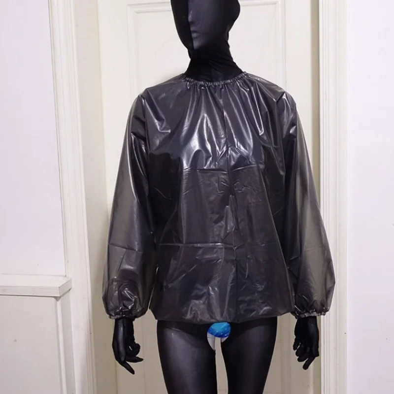 New Semi Transparent TPU Plastic Tops Long Sleeved Round Neck T-shirt Pullover Soft Waterproof Shirt Short Skirt Set Plus Size