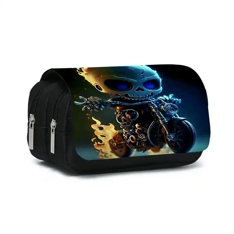 Motorcycle Skull Double Flip Pen Case For Boy And Girls Best Gift 2D Flat Cartoon Pencil Pouch School Pencil Bag For Children