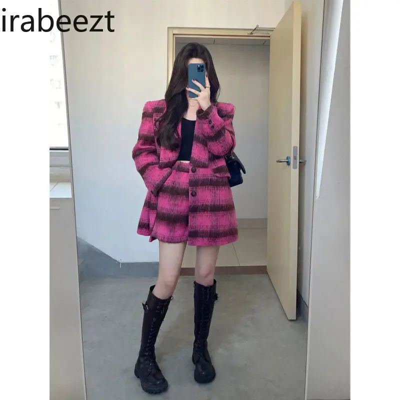 Quality Fashion Elegant Vintage Plaid Tweed Suit Jacket High-waisted Shorts Chic Two Pieces Sets Autumn and Winter Deux-pièces