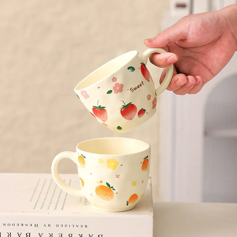 Cute Fruit Pattern Ceramic Mug Strawberry Coffee Cup Oatmeal Breakfast Cup Water Cup Valentine\'s Day Present Couple Water Cups