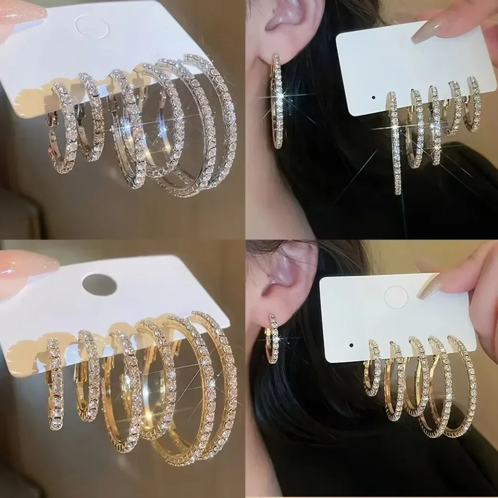 3 Pairs Full Shiny Rhinestone Hoop Earrings Gold/Silver Color Different Size Crystal Earrings Simple Luxury Jewelry Gifts Women