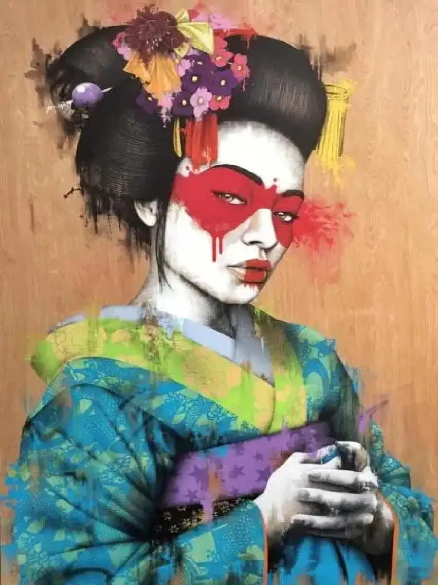 Vintage Graffiti Geisha Canvas Print - Japanese Portrait Wall Art for Nordic Living Room & Corridor Decor