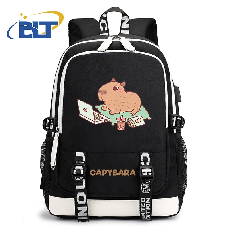 Cute Animal Capybara Printed Student Schoolbag Youth USB Backpack Black Travel Bag Kids Gift