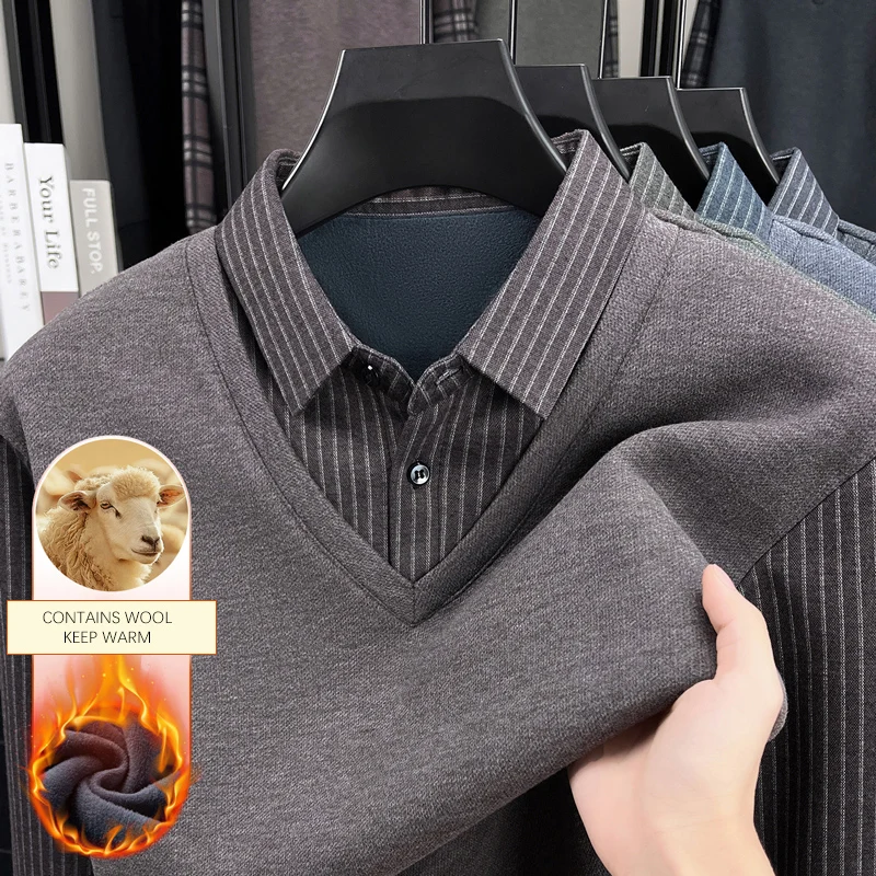 

BROWON Winter Fleece T-shirt for Man 2025 Casual Long Sleeve Plaid Design Turn Down Collar Mock Two-piece Tshirt Men Pullover