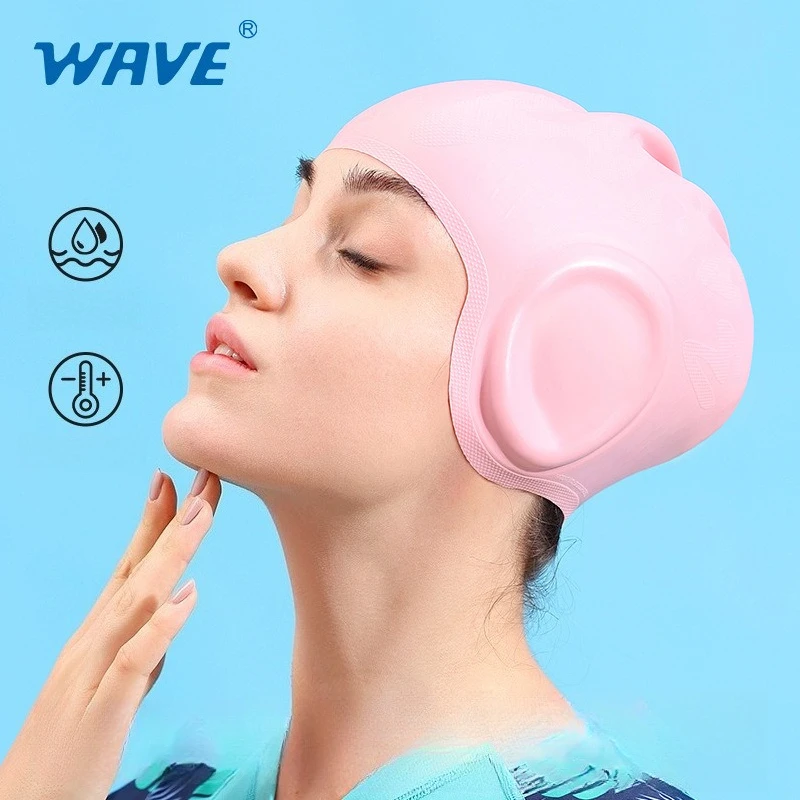 

Профессиональная силиконовая шапочка для плавания Wave для взрослых и детей, унисекс, однотонная, для длинных волос, с защитой ушей