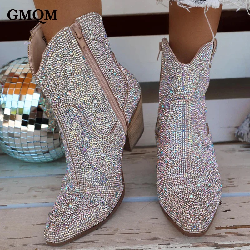 GMQM Fashion Women Ankle Boots New Spring Western Cowboy Boots Clear Glitter Bling Shiny Trend High Heels High Quality Shoes Hot