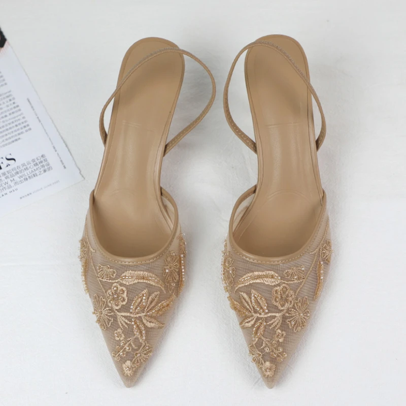 

2025 Summer Elegant Ladies High Heels Sandals Flower Mesh Pointed Toe Slingbacks Stiletto Embroider Party Women Designer Shoes