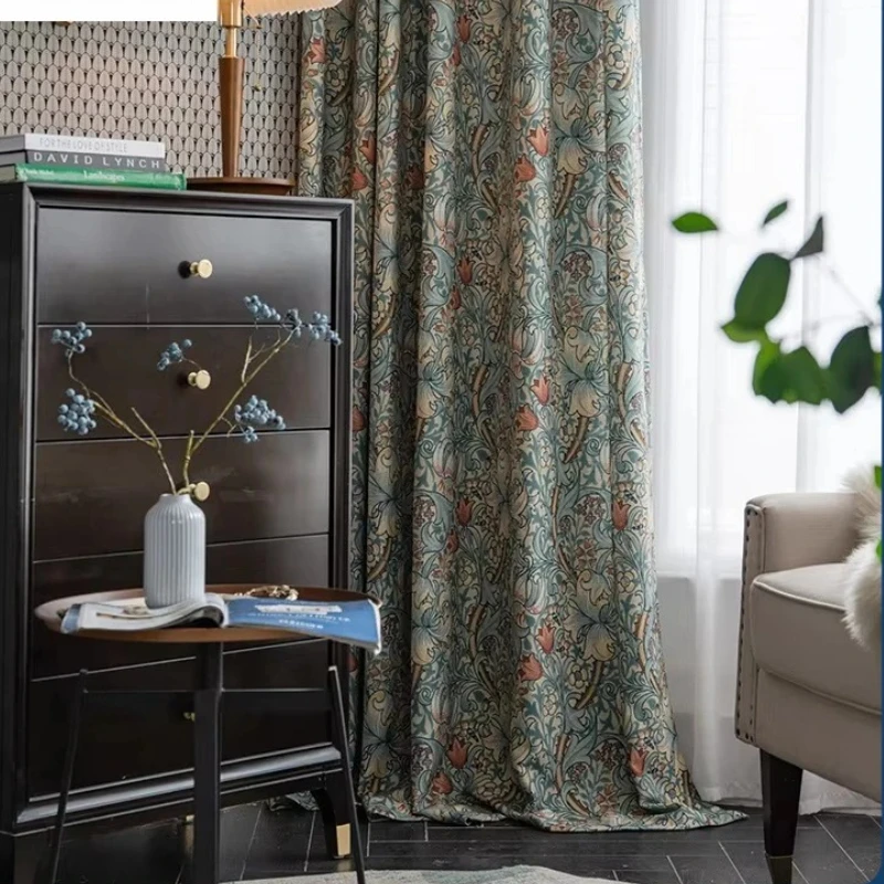 American Country Curtains for Living Room Bedroom Retro Green Curly Print Semi Shading Window Fabric Rustic  Decor Cotton Drapes
