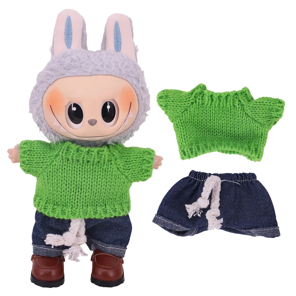 Mini vêtements de poupée Labubu en peluche, pull de couleur unie, petits vêtements mignons, jeans assortis à la main et Labubus, tenues originales pour enfants