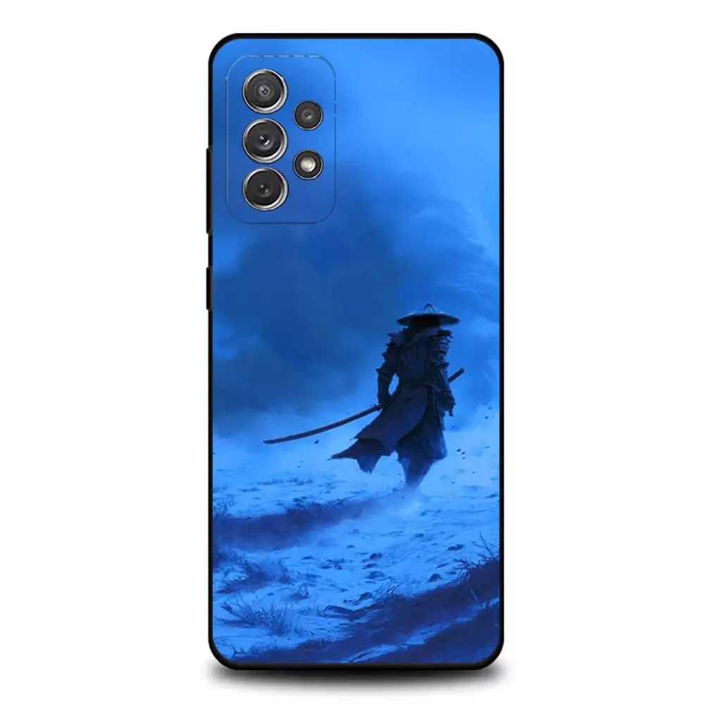 日本の武士道サムライ電話ケースサムスン S 25、24、23、22、30、21、10、9、ウルトラ、プラス、ライト、FE、4、5G ブラックソフトケース