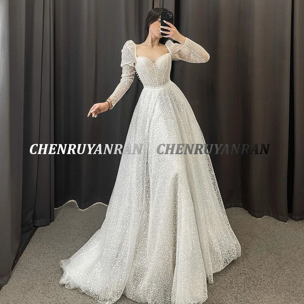 Sparkle Tulle Wedding Dresses 2023 Women Sweetheart Full Sleeves Sexy Bride Dress A-Line Zipper Pearls Custom Occasion Gowns