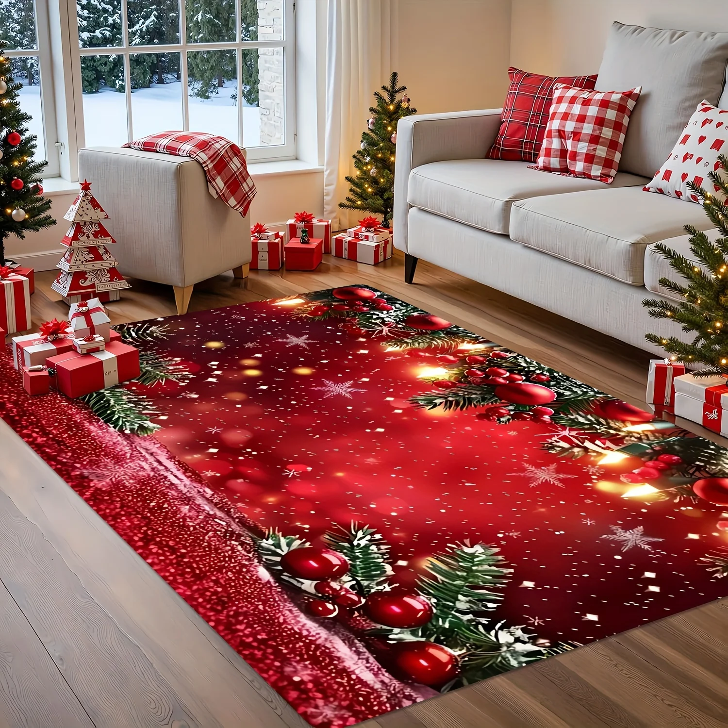 

Christmas Holly and Bell Wreath Design Area Rug, for Entryway, Game Room, Living Room, Study, Bedroom, Perfect Room Decor