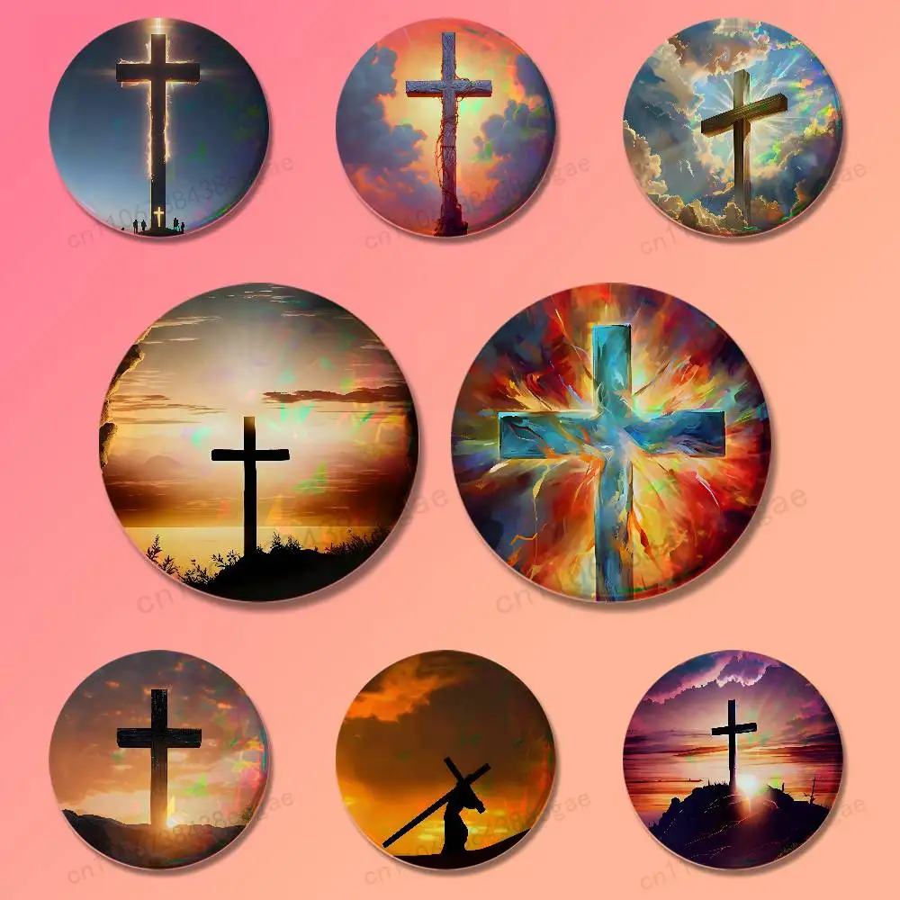 

Christian Art Cross Badges 25 32 44 58 75 mm Round Cosplay Pin Bag Decor Fans Collect Friends Gifts Brooch Souvenir