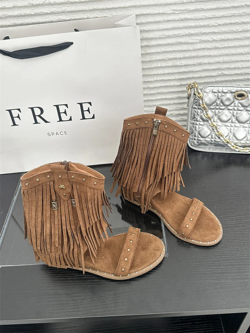 2026 Rivets Studs Punk Summer Boots Gladiator Sandals Tassel F ringe Boho Bohemia Boots Wedge Heels Ankle Flat Sandals Booties