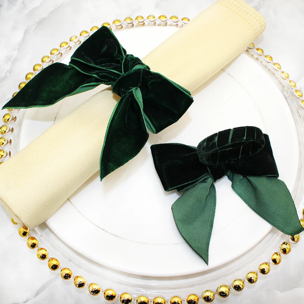 12Pcs Green Velvet Bowknot Napkin Rings Christmas Bows Napkin Holder for Christmas Wedding Thanksgiving Dinner Table Decor
