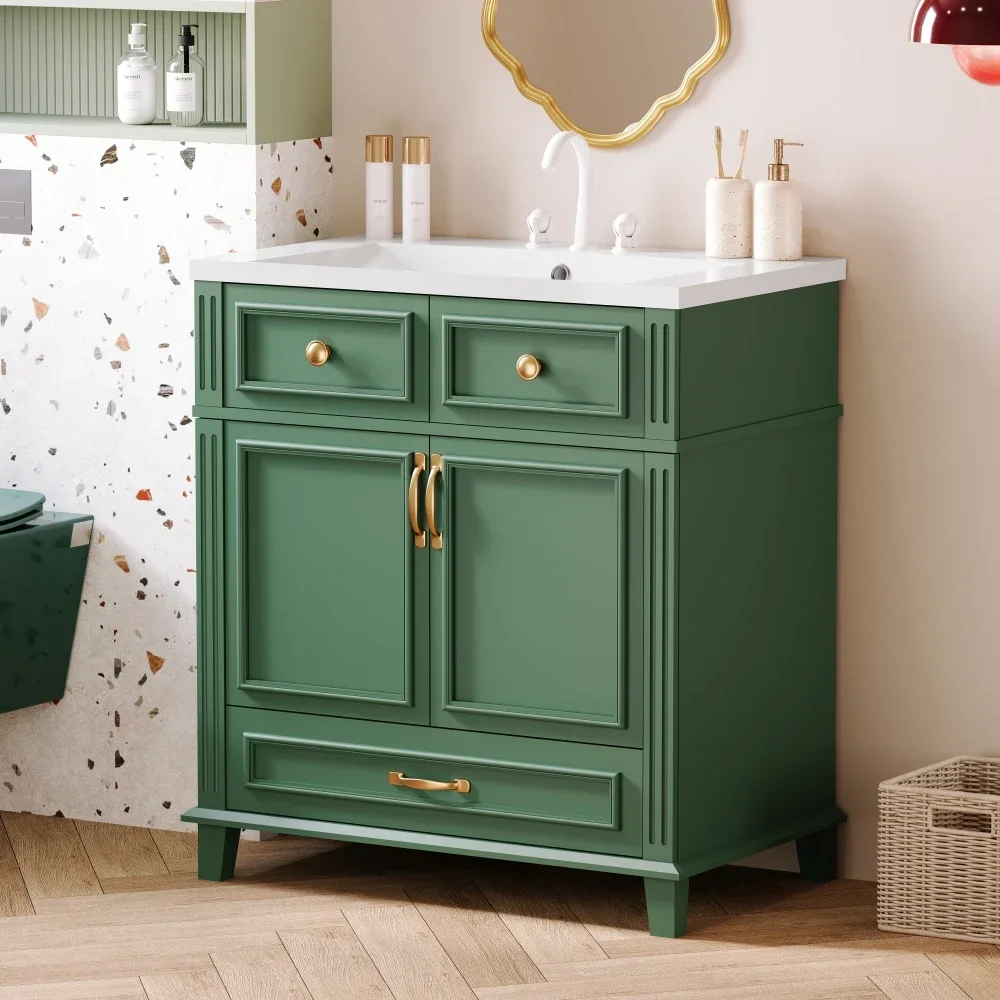 30'' Bathroom Vanity with Resin Sink, Solid Wood Frame Bathroom Storage Cabinet with Soft Closing Doors, Retro Style, Green