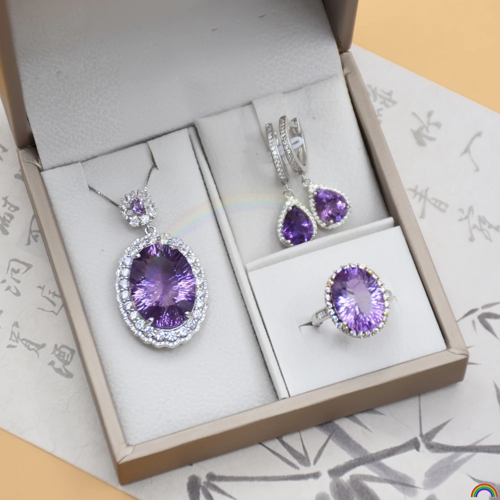 

Natural amethyst pendant 925 silver high luxury purple gemstone engraved bracelet ring set jewelry Rwbuy