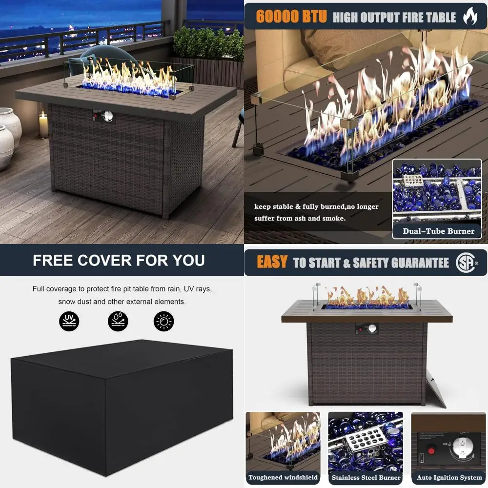 

Rectangular Outdoor Propane Gas Fire Pit Table, 60000 BTU Wicker Rattan with Glass Wind Guard for Patio Use