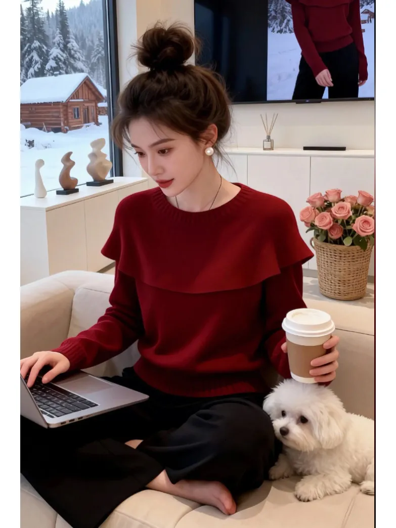 

Red New Year Casual Loose Women's Knitted Sweater Cowl Ne Long Sve Casual Sle Versatile Slimming Top Coat Sle