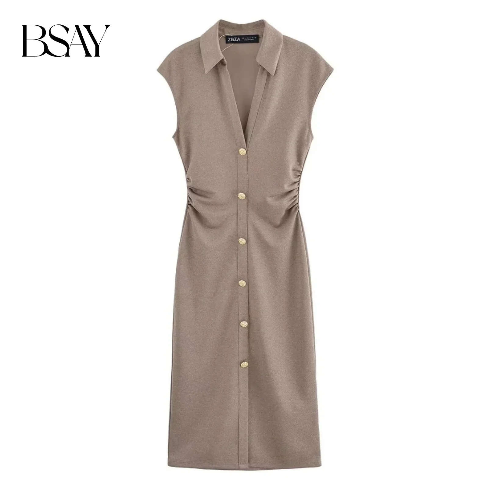 BSAY Abito da donna Moda Estate Nuovo piega senza maniche scollo a V monopetto Abiti longuette Abiti da sera femminili chic francesi