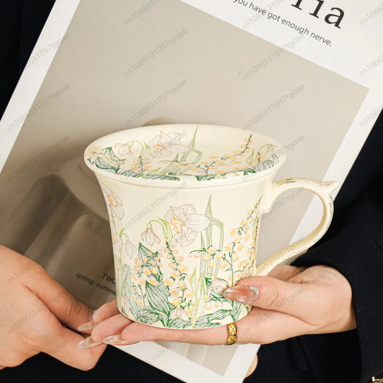 Vintage oil painting wind chimes flower coffee cup and saucer set, premium sense mug, ceramic cup, gift water cup