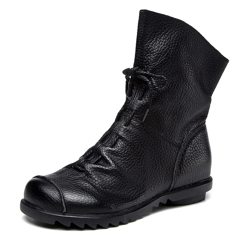 

BEYARNEWomen's Cowhide Boots First Layer xifairy g Casual Shoes High Top Genuine Leather Cowboy Boots Round Toe Lace-up Platform