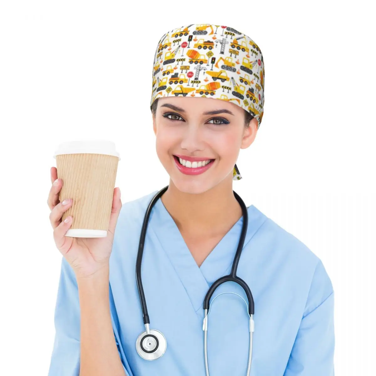 Road Work Watercolor Construction Vehicles Scrub Hat Doctor Working Surgical Cap Men Women Adjustable Nursing Caps for Dentist