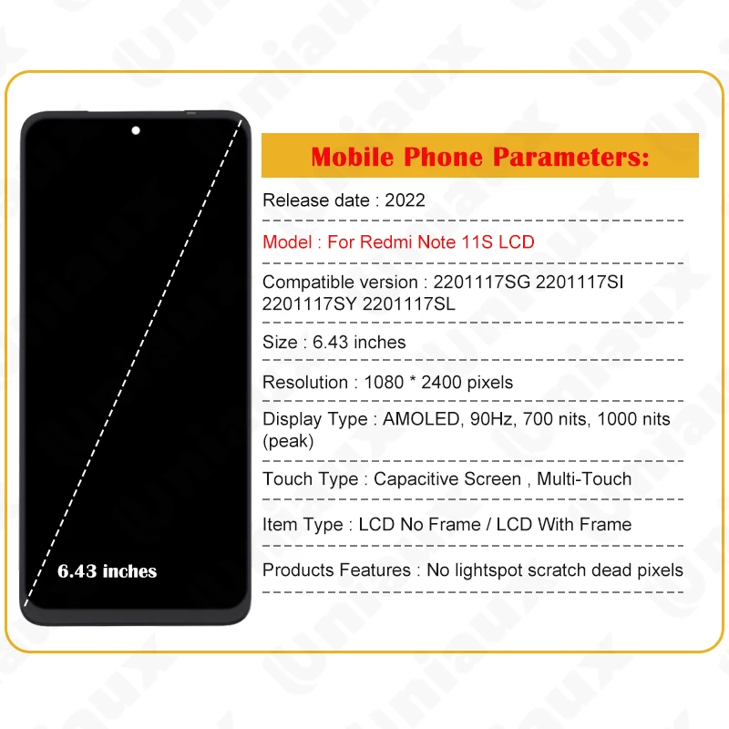 6.43\'\' OLED For Xiaomi Redmi Note 11 LCD 2201117TG 2201117SG Display Touch Screen Digitizer For Redmi Note 11S LCD