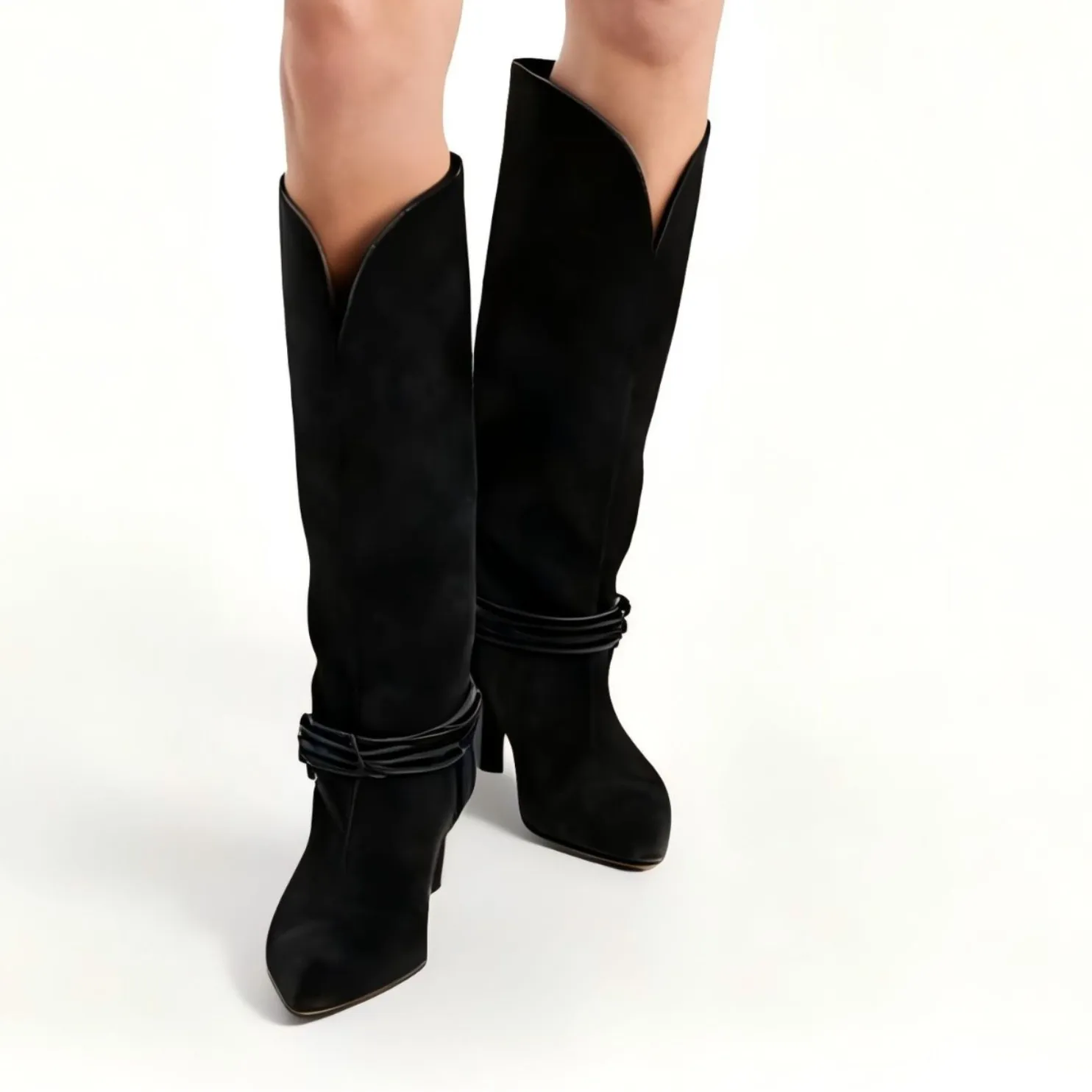Women's Suede Knee-High Boots Wrapped Leather Strap Stiletto Heel Stylish Buckle Detail for Elegant Casual Autumn Fashion Looks