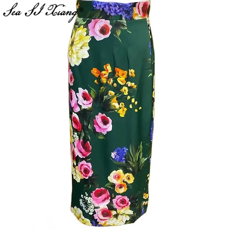 

Seasixiang Fashion Designer Spring Summer Silk Slim Skirt Women High Waiste Floral Print Vintage Party Split Pencil Skirt