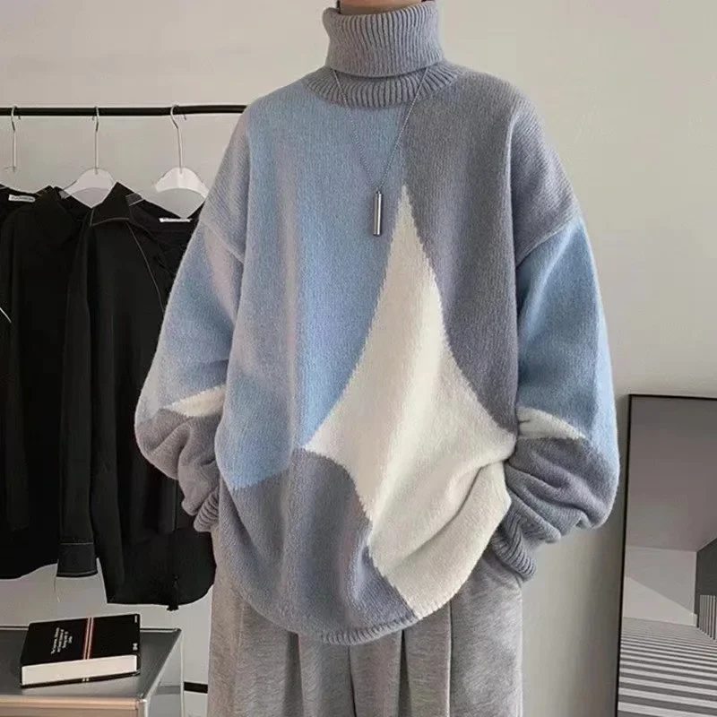 Autumn and Winter High-neck Jumper Men Hong Kong Style Trend Thickened Lazy Wind Knitwear Colour Blocking Loose Line Clothing