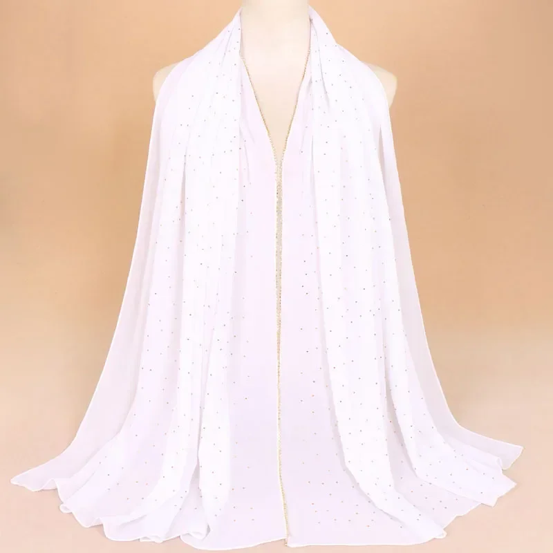 Hijab de chiffon com corrente de pérola de luxo – lenço muçulmano aparado com strass, xale de oração elegante de cor sólida para mulheres