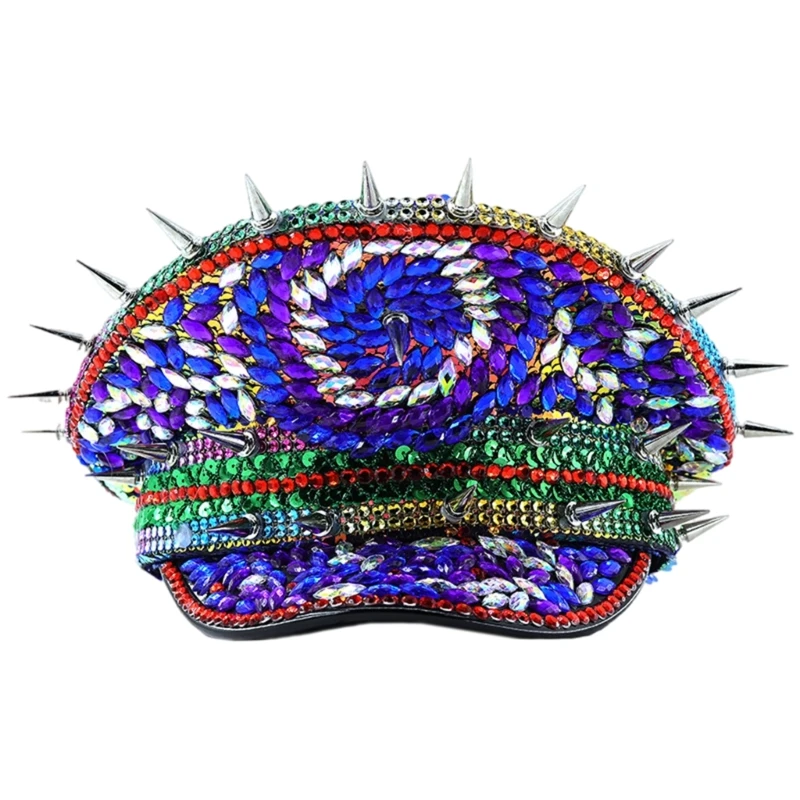 Colorful Rhinestones Captain Caps for Music Festival Masquerades Party Hat Bride Flat Top Hat Role Playing Marine Hat