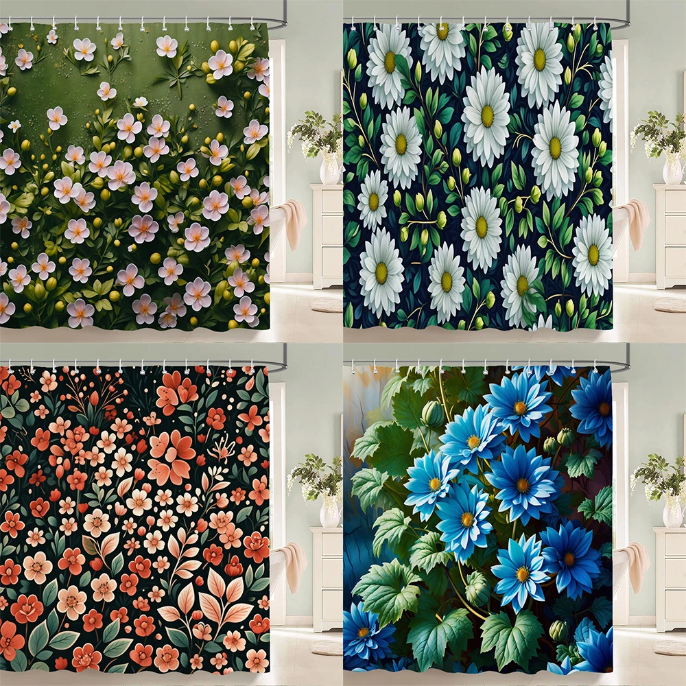 

Watercolor Spring Plant Floral style Shower Curtain, Bathroom Decoration Waterproof Fabric Flowers Shower Curtian with Hooks