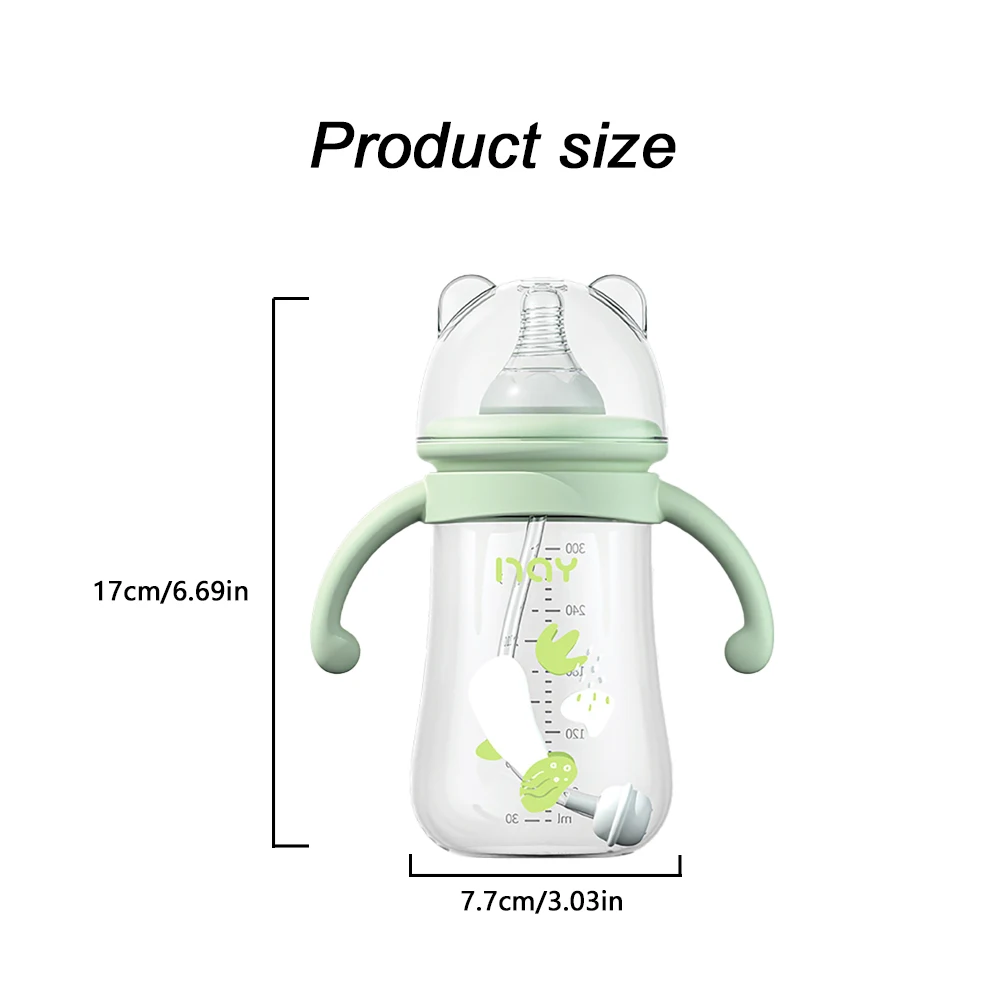 Baby Bottle with Handles, Anti-Colic System Drop-Resistant, Wide Neck Clear Marks, Baby Self-Feeding Training Cup