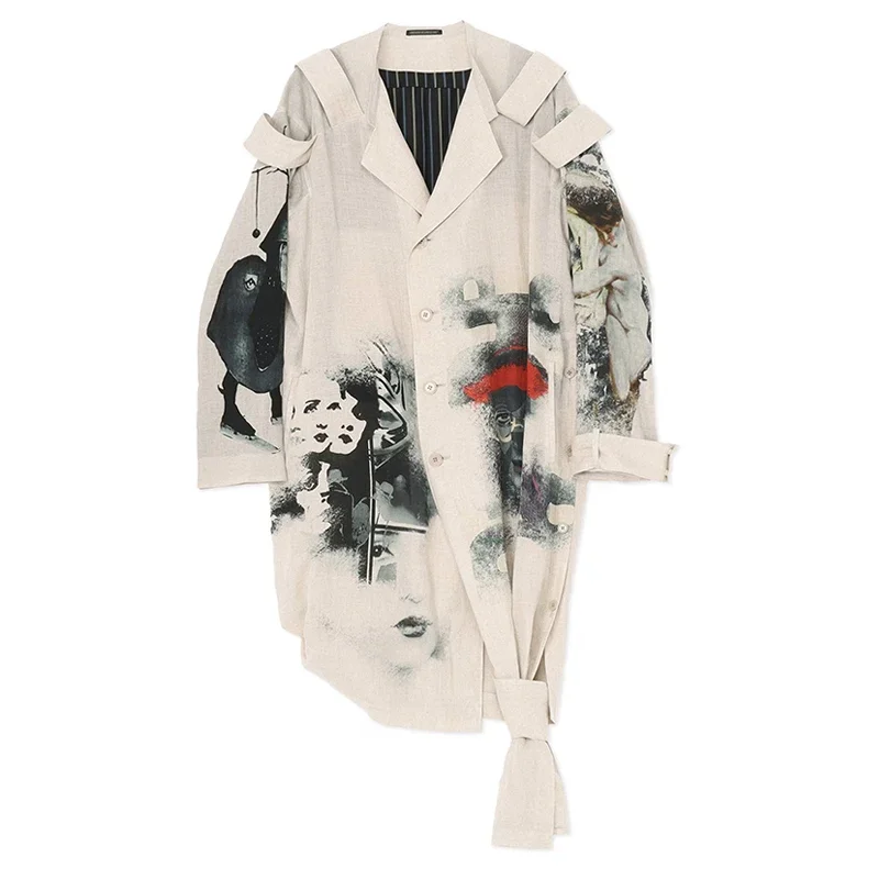 YOJI OOAK معطف سترة متأرجح غير متماثل بنمط مطبوع أصلي داكن وشارة كتف ومعطف بعقدة من القنب #5